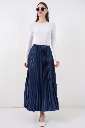 8009 Deri Görünümlü Piliseli Etek - Lacivert