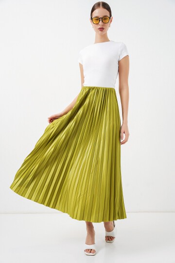 8009 Deri Görünümlü Piliseli Etek - Yağ Yeşil