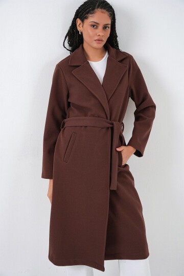 9118 Kruvaze Yaka Kaşe Kaban - Kahverengi