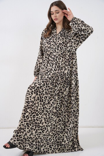 Kadın Bej Siyah Viskon Tesettür Elbise 2423