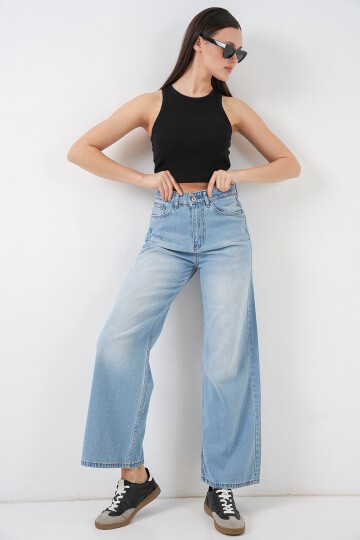 Kadın Bol Paça Yüksek Bel Palazzo Kot Pantolon 6656 - Açık Mavi