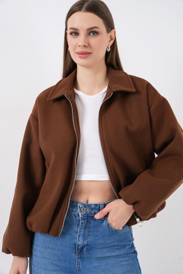 Kadın Büzgülü Oversize Kaşe Ceket 0728 - Sütlü Kahve