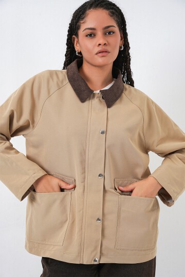 Kadın Cep Detaylı Oversize Ceket 5973 - Bej