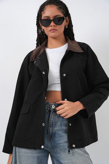 Kadın Cep Detaylı Oversize Ceket 5973 - Siyah