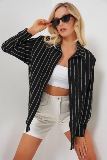 Kadın Çizgili Oversize Gömlek 20293 - Siyah