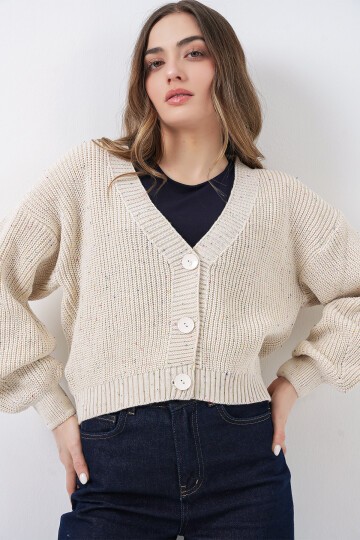 Kadın Crop Triko Hırka 15955 - Krem