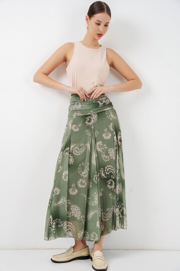 Kadın Desenli Şifon Etek 8057 - E.Yeşil