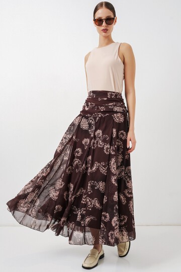 Kadın Desenli Şifon Etek 8057 - Kahverengi