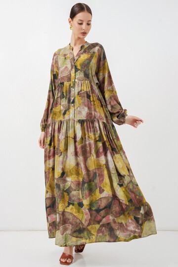 Kadın Desenli Uzun Tesettür Elbise 2585 - A.Yeşil