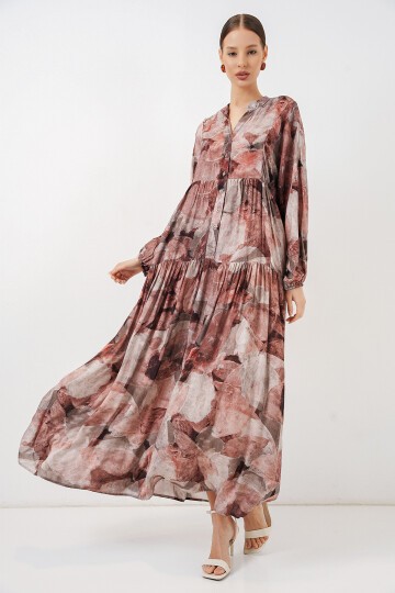 Kadın Desenli Uzun Tesettür Elbise 2585 - D.Gül Kurusu