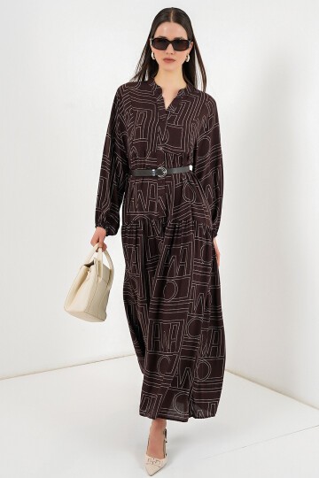 Kadın Desenli Uzun Tesettür Elbise 2585 - Y.Kahve