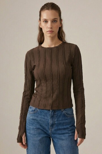 Kadın Dokulu Örme Bluz 980 - Kahverengi