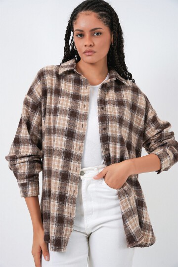 Kadın Ekose Desen Oversize Oduncu Gömlek 3854 - E. Kahve