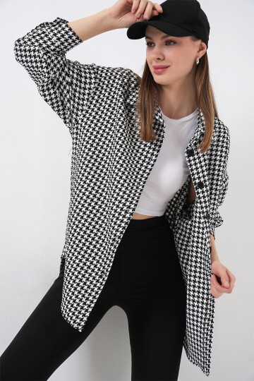 Kadın Ekose Desen Oversize Oduncu Gömlek 3854 - Siyah - Beyaz