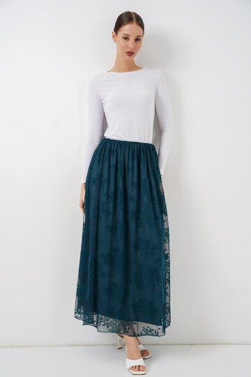 Kadın Flok Baskılı Uzun Tül Etek 8070 - Petrol