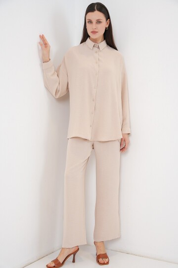 Kadın Gömlek Pantolon İkili Takım 30063 - Krem