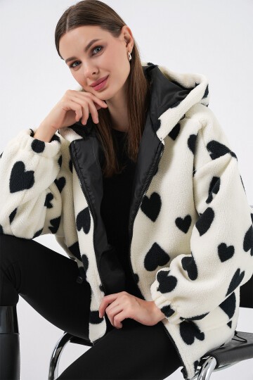 Kadın Kapüşonlu Peluş Ceket 5236 - Ekru