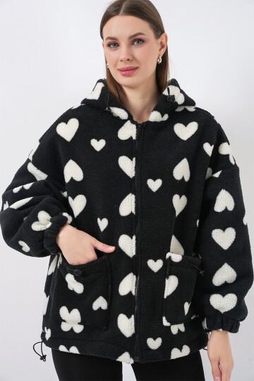 Kadın Kapüşonlu Peluş Ceket 5236 - Siyah