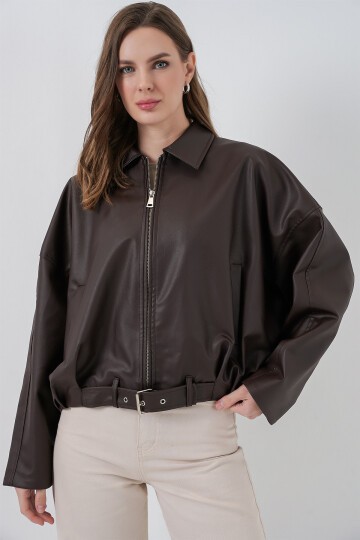 Kadın Kemer Detaylı Deri Ceket 1056 - Kahverengi