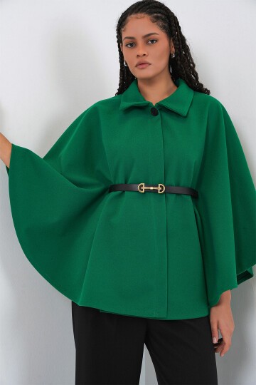 Kadın Kemerli Kaşe Panço 9170 - Koyu Yeşil