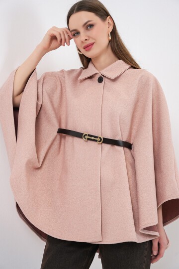 Kadın Kemerli Kaşe Panço 9170 - Pudra