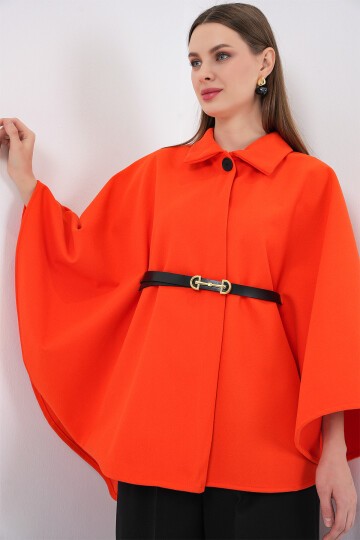 Kadın Kemerli Kaşe Panço 9170 - Turuncu