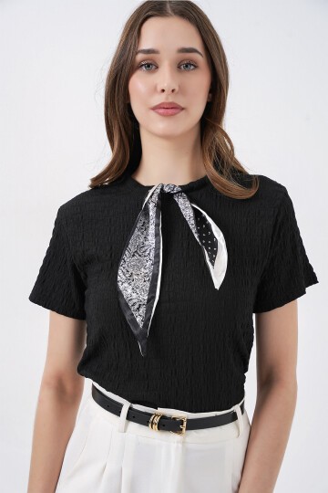 Kadın Kısa Kol Fularlı Örme Bluz 981 - Siyah