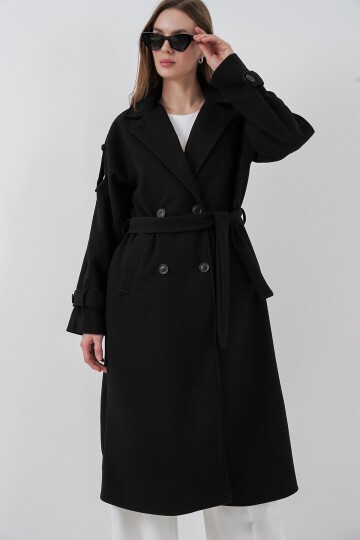 Kadın Kuşaklı Kaşe Kaban 9161 - Siyah