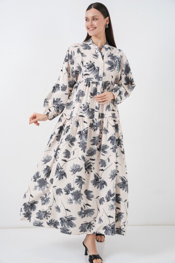 Kadın Lilyum Kumaş Uzun Tesettür Elbise 2593 - Gri