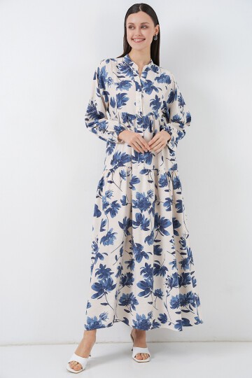 Kadın Lilyum Kumaş Uzun Tesettür Elbise 2593 - İndigo