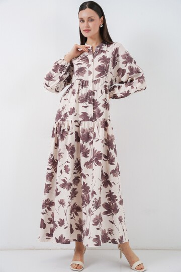 Kadın Lilyum Kumaş Uzun Tesettür Elbise 2593 - Kahverengi