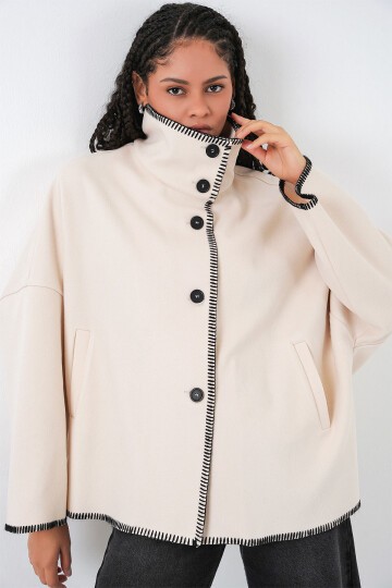 Kadın Nakışlı Kaşe Ceket 9167 - Ekru