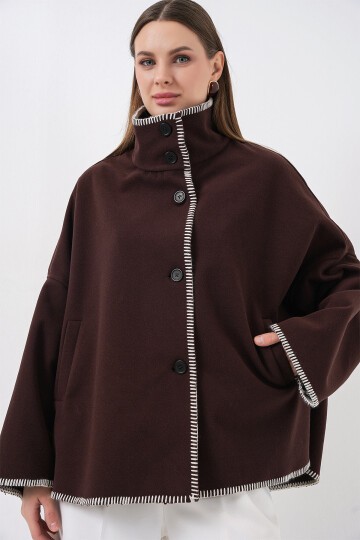 Kadın Nakışlı Kaşe Ceket 9167 - Kahverengi