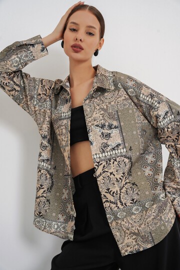 Kadın Oversize Desenli Saten Gömlek 20365 - Çağla