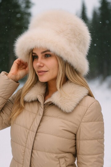 Kadın Peluş Kalpak Şapka 010194 - Bej