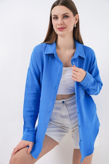 Kadın Tek Cepli Oversize Müslin Gömlek 20353 - Mavi