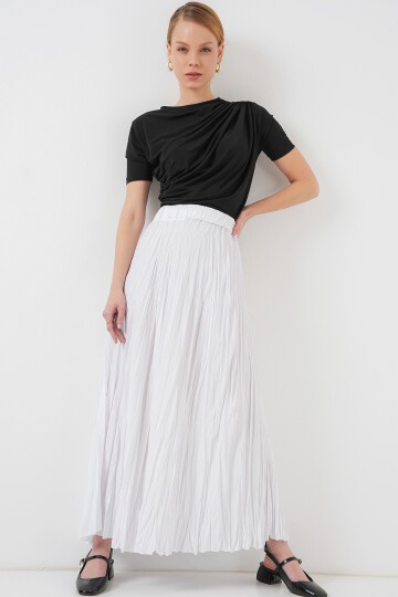 Kadın Uzun Kırışık Etek 8042 - Beyaz