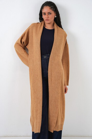 Kadın Uzun Oversize Triko Hırka 15924 - Hardal