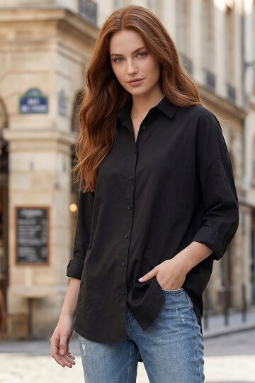 Oversize Basic Siyah Gömlek 