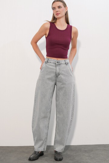 6689 Kadın Yüksek Bel Baggy Kot Pantolon - Gri