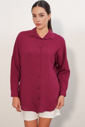 Kadın Çizgi Detaylı Oversize Gömlek 20407 - Bordo