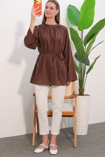 Kadın Çizgili Bağcıklı Oversize Tunik 50009 - Kahverengi