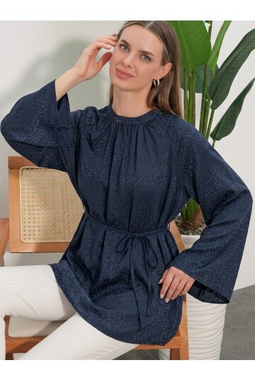 Kadın Çizgili Bağcıklı Oversize Tunik 50009 - Lacivert