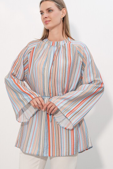 Kadın Çizgili Bağcıklı Oversize Tunik 50009 - Mavi
