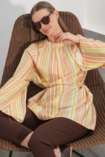 Kadın Çizgili Bağcıklı Oversize Tunik 50009 - Sarı