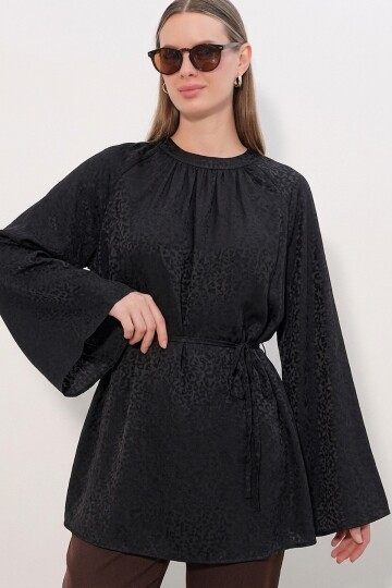 Kadın Çizgili Bağcıklı Oversize Tunik 50009 - Siyah