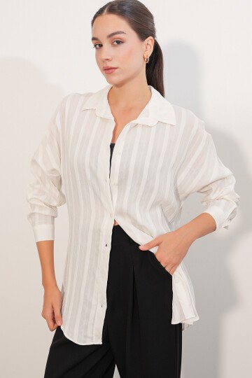 Kadın Çizgili Oversize Gömlek 20408 - Beyaz