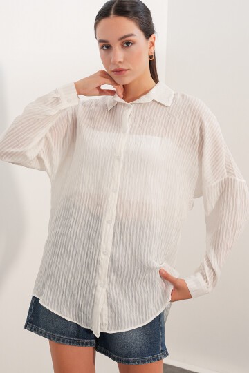 Kadın Çizgili Oversize Gömlek 20409 - Beyaz