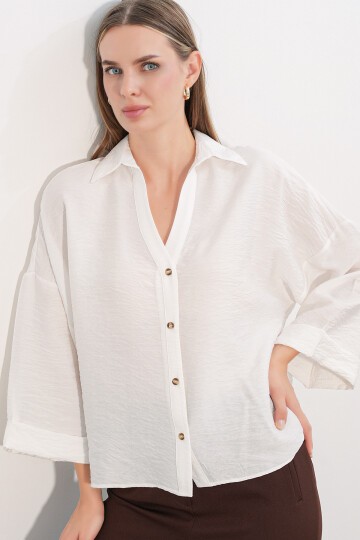 Kadın Geniş Kol Oversize Gömlek 20401 - Beyaz