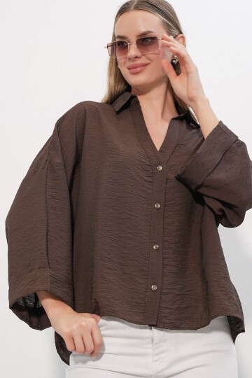 Kadın Geniş Kol Oversize Gömlek 20401 - Kahverengi
